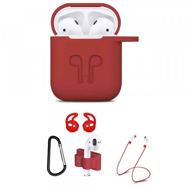 Wholesale 5 in 1 Accessories Kits Silicone Cover with Ear Hook Grips / Staps / Clip / Skin / Tips for Airpods 2 / 1 Charging Case (Red)